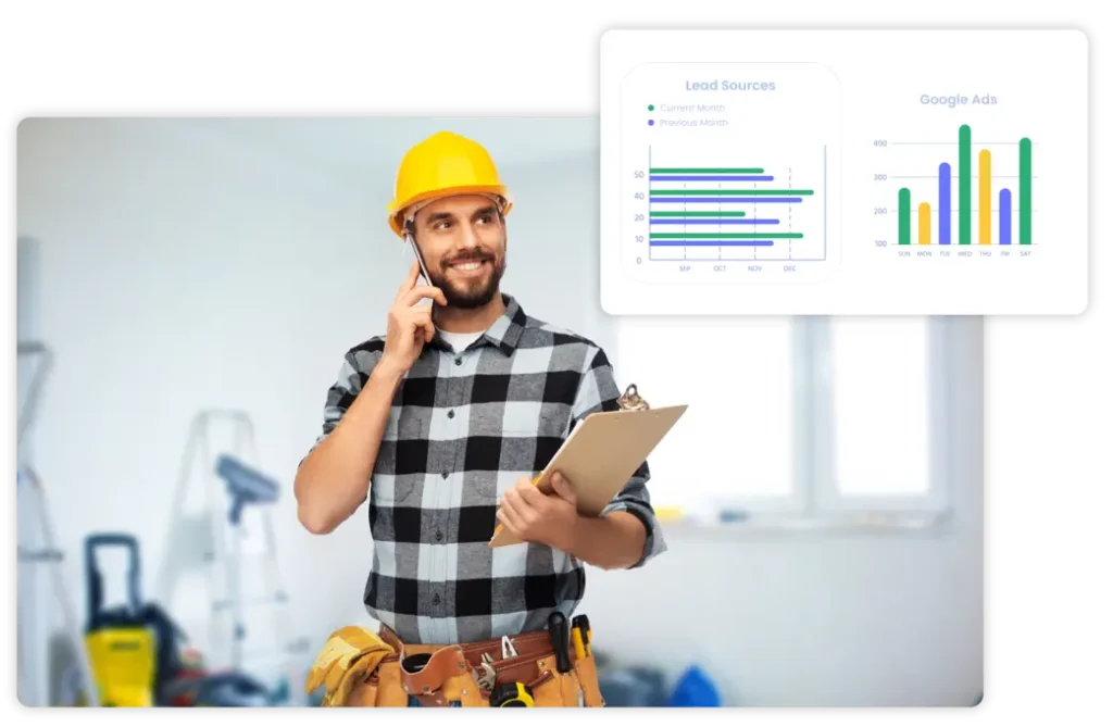 A local home service business owner smiling looking at the dashboard results of more leads sales and jobs hired after working with bluemarket systems