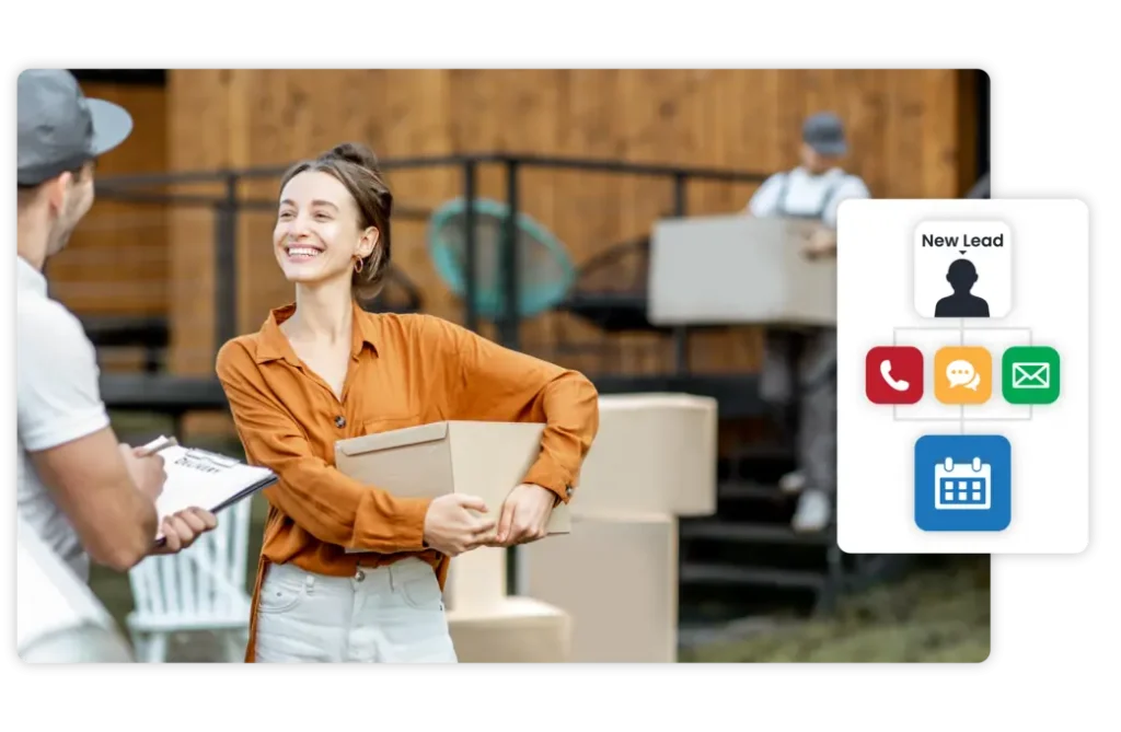 A women smiling at a moving company business owner who received the job from automation systems built by BlueMarket Systems
